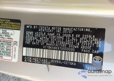 2007 Toyota Camry Xle V6 from USA, damaged, VIN 4T1BK46KX7U550095